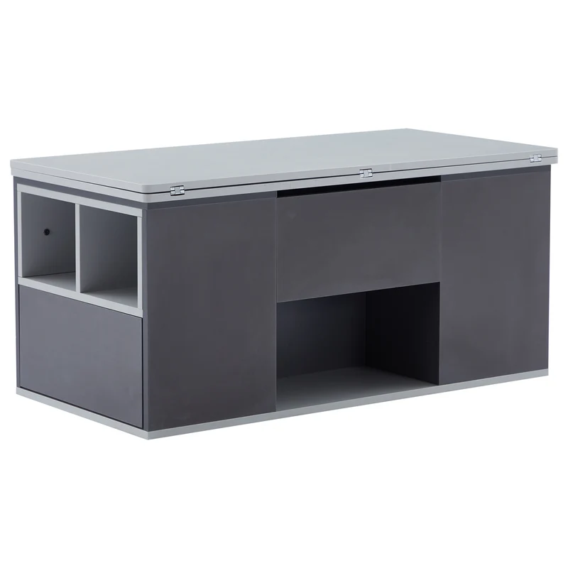 Table basse blanc et gris tablette relevable pliable, 2 portes 3 niches et 2 tiroirs 100x51cm RIFTKRYOSYNATH