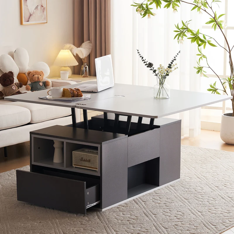 Table basse blanc et gris tablette relevable pliable, 2 portes 3 niches et 2 tiroirs 100x51cm RIFTKRYOSYNATH