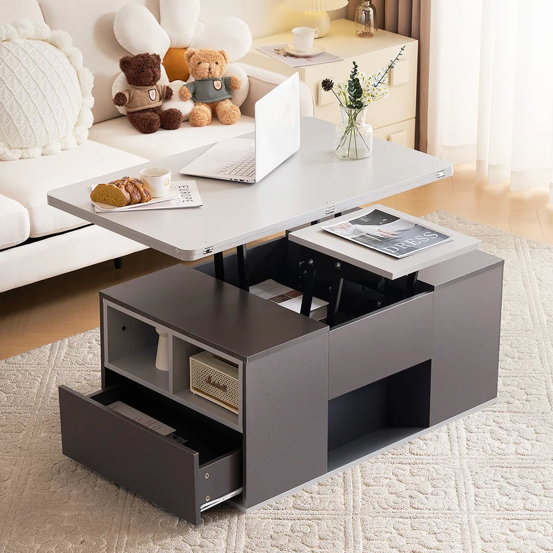 Table basse blanc et gris tablette relevable pliable, 2 portes 3 niches et 2 tiroirs 100x51cm RIFTKRYOSYNATH