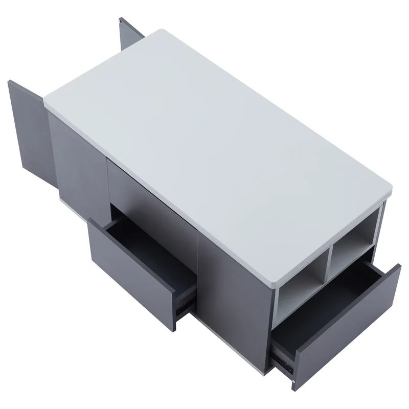 Table basse blanc et gris tablette relevable pliable, 2 portes 3 niches et 2 tiroirs 100x51cm RIFTKRYOSYNATH