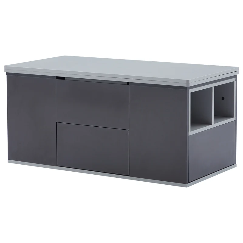 Table basse blanc et gris tablette relevable pliable, 2 portes 3 niches et 2 tiroirs 100x51cm RIFTKRYOSYNATH