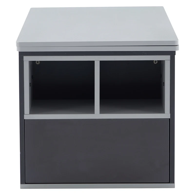Table basse blanc et gris tablette relevable pliable, 2 portes 3 niches et 2 tiroirs 100x51cm RIFTKRYOSYNATH