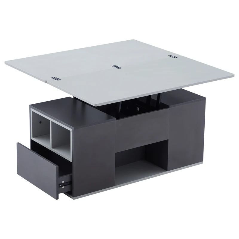 Table basse blanc et gris tablette relevable pliable, 2 portes 3 niches et 2 tiroirs 100x51cm RIFTKRYOSYNATH