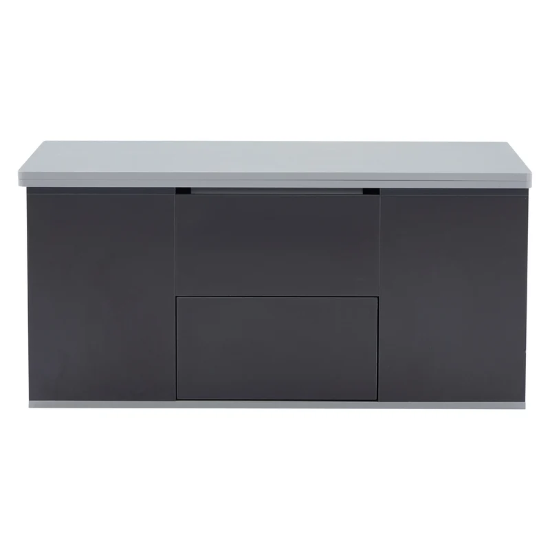 Table basse blanc et gris tablette relevable pliable, 2 portes 3 niches et 2 tiroirs 100x51cm RIFTKRYOSYNATH