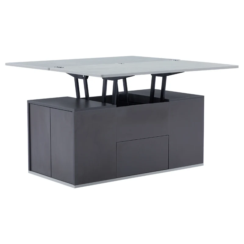 Table basse blanc et gris tablette relevable pliable, 2 portes 3 niches et 2 tiroirs 100x51cm RIFTKRYOSYNATH