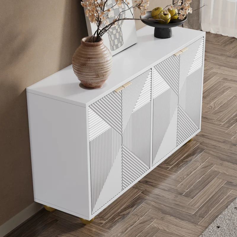 Buffet blanc 4 portes sculptées, poignées dorées pieds boule 120x35x71,5cm RIFTKRYNNATHOR
