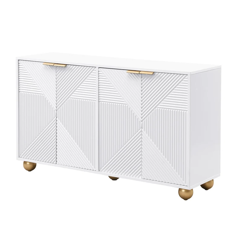 Buffet blanc 4 portes sculptées, poignées dorées pieds boule 120x35x71,5cm RIFTKRYNNATHOR