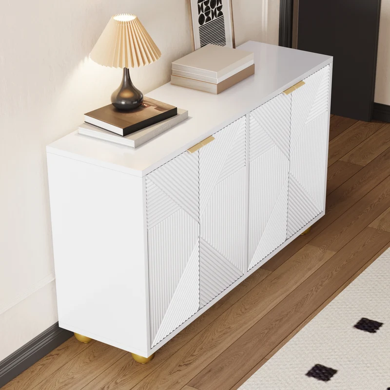 Buffet blanc 4 portes sculptées, poignées dorées pieds boule 120x35x71,5cm RIFTKRYNNATHOR