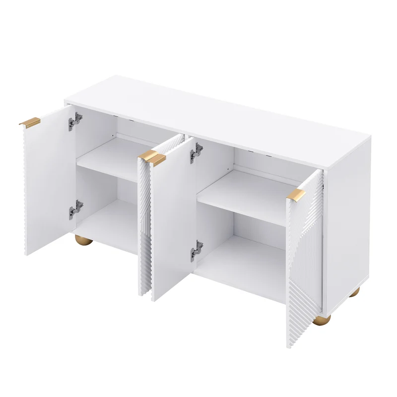 Buffet blanc 4 portes sculptées, poignées dorées pieds boule 120x35x71,5cm RIFTKRYNNATHOR