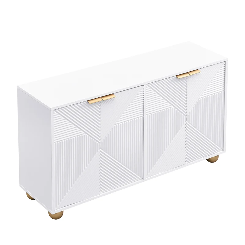 Buffet blanc 4 portes sculptées, poignées dorées pieds boule 120x35x71,5cm RIFTKRYNNATHOR