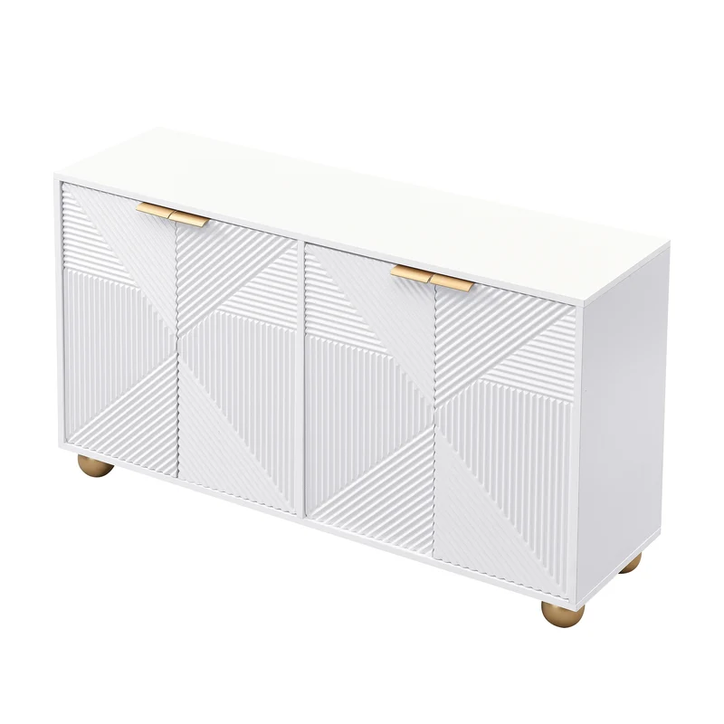 Buffet blanc 4 portes sculptées, poignées dorées pieds boule 120x35x71,5cm RIFTKRYNNATHOR