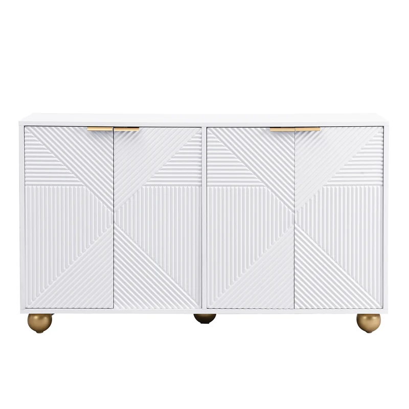 Buffet blanc 4 portes sculptées, poignées dorées pieds boule 120x35x71,5cm RIFTKRYNNATHOR