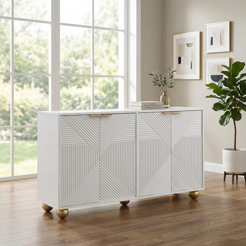 Buffet blanc 4 portes sculptées, poignées dorées pieds boule 120x35x71,5cm RIFTKRYNNATHOR