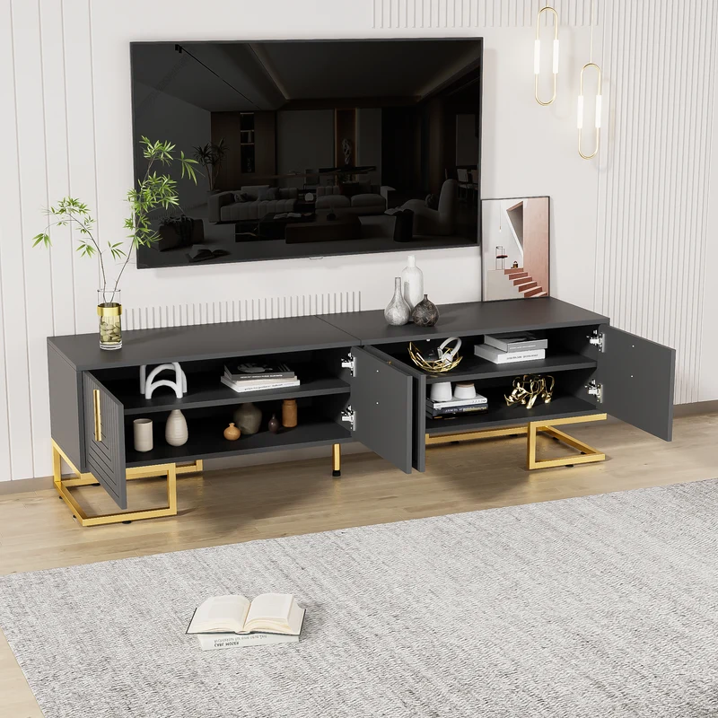 Meuble TV anthracite reliefs géométriques, pieds et poignées dorés AEGISMYRATH