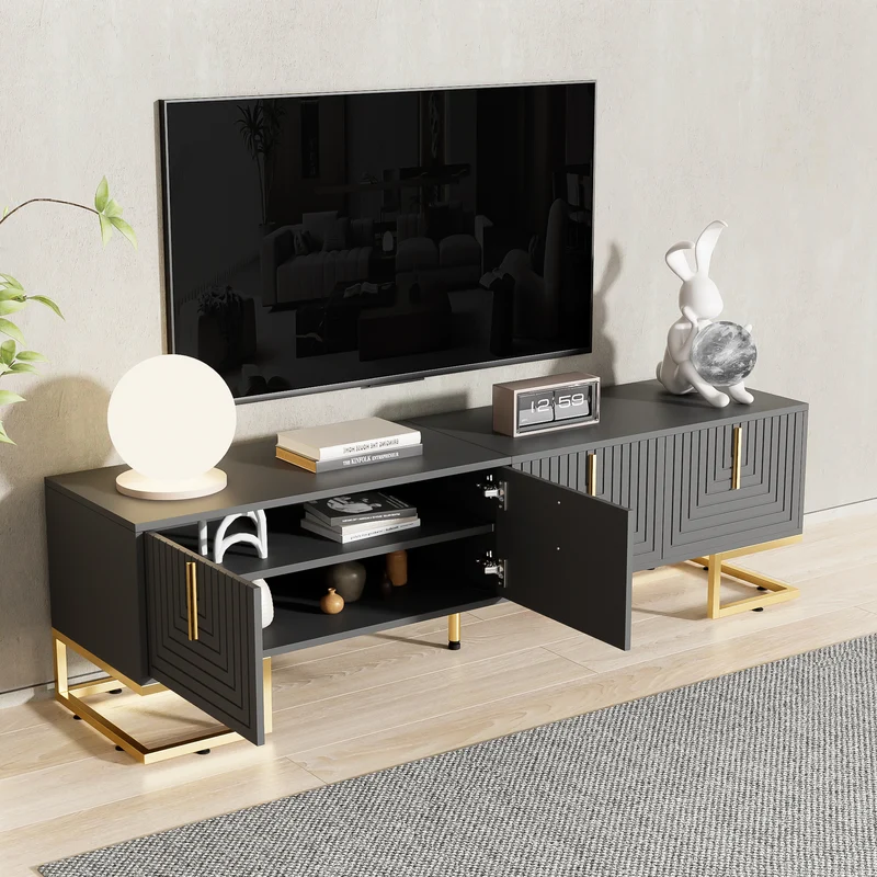 Meuble TV anthracite reliefs géométriques, pieds et poignées dorés AEGISMYRATH