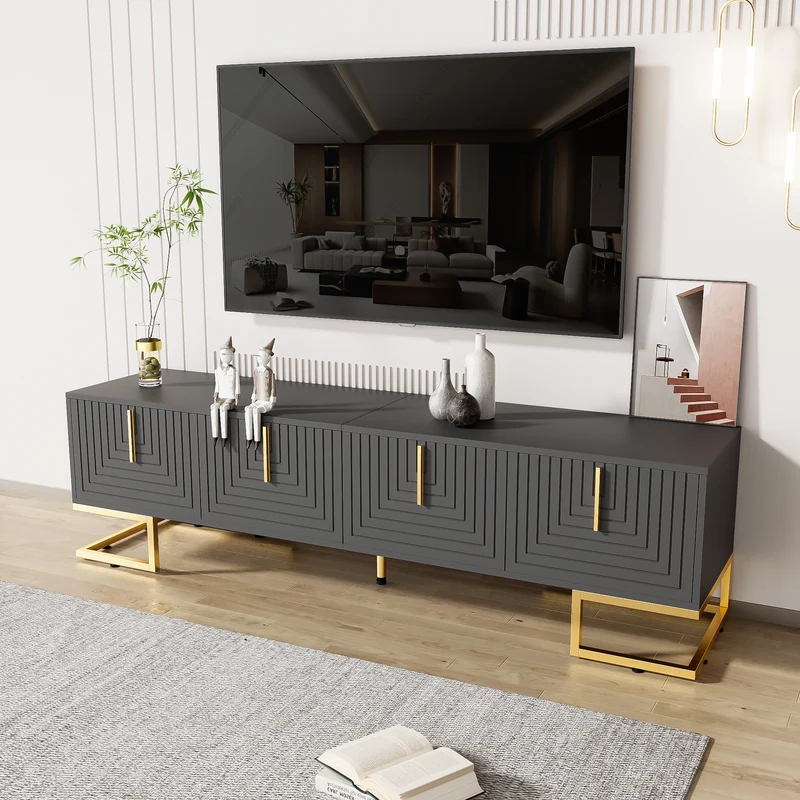 Meuble TV anthracite reliefs géométriques, pieds et poignées dorés AEGISMYRATH