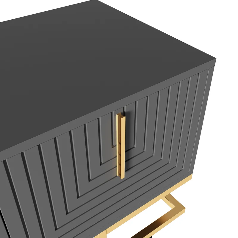 Meuble TV anthracite reliefs géométriques, pieds et poignées dorés AEGISMYRATH