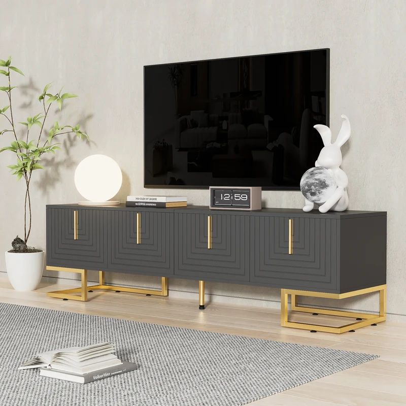 Meuble TV anthracite reliefs géométriques, pieds et poignées dorés AEGISMYRATH