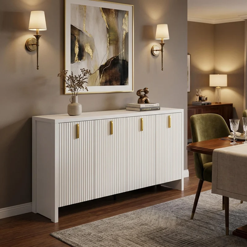 Buffet blanc design ondulé avec poignées dorées 140x38x80cm AEGISKAELOR