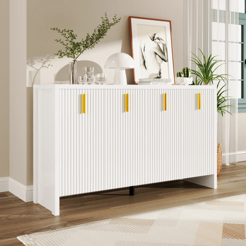 Buffet blanc design ondulé avec poignées dorées 140x38x80cm AEGISKAELOR