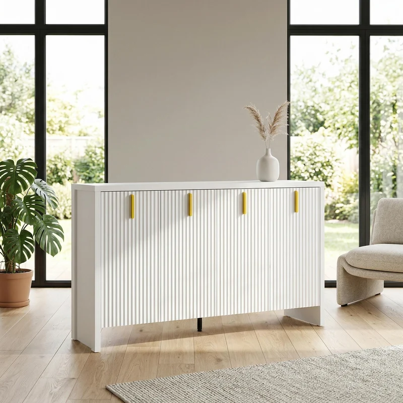 Buffet blanc design ondulé avec poignées dorées 140x38x80cm AEGISKAELOR