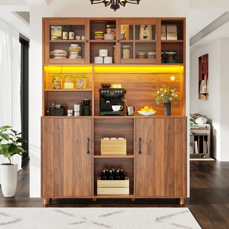 Buffet haut vaisselier effet bois noyer et vitrine en verre avec éclairage LED intelligent XYLEM