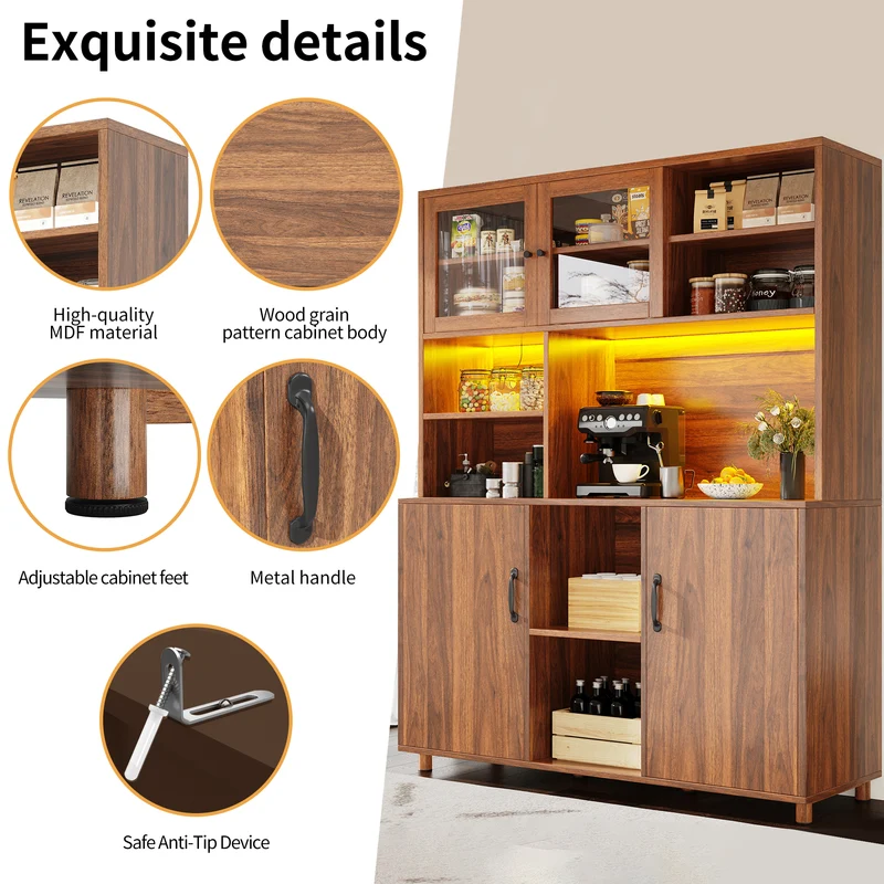 Buffet haut vaisselier effet bois noyer et vitrine en verre avec éclairage LED intelligent XYLEM