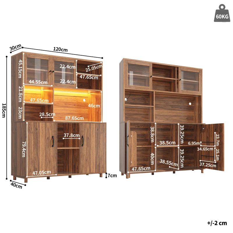 Buffet haut vaisselier effet bois noyer et vitrine en verre avec éclairage LED intelligent XYLEM