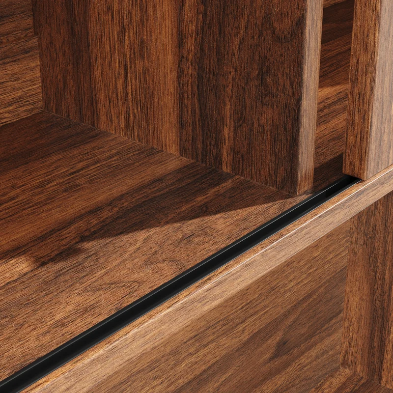 Buffet haut vaisselier effet bois noyer et vitrine en verre avec éclairage LED intelligent XYLEM