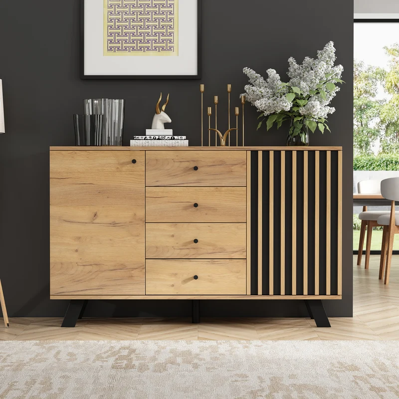 Buffet industriel effet bois naturel et lattes noirs avec 4 tiroirs CORBICUL