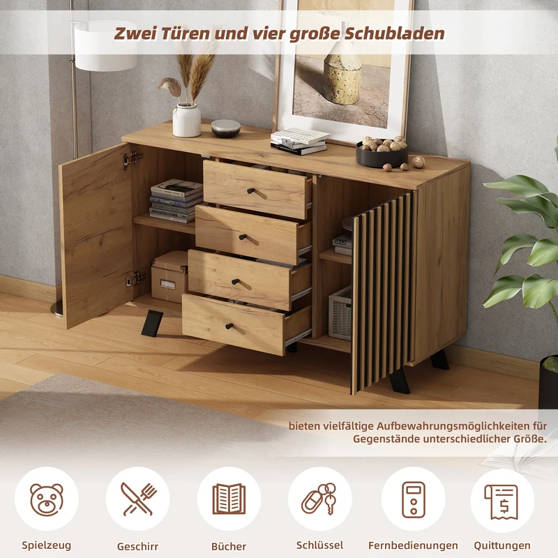 Buffet industriel effet bois naturel et lattes noirs avec 4 tiroirs CORBICUL