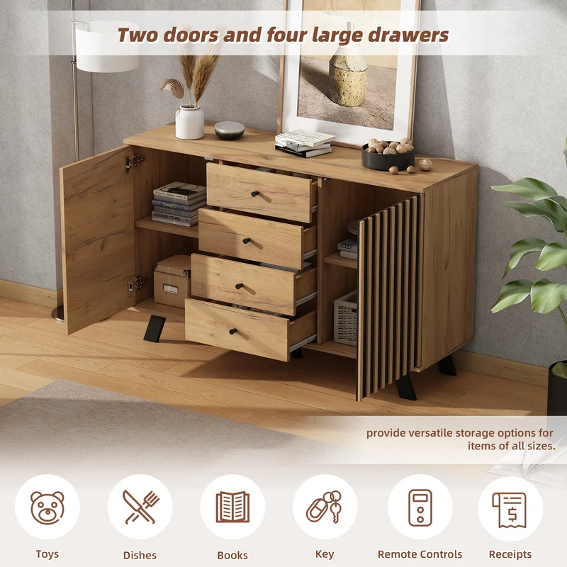 Buffet industriel effet bois naturel et lattes noirs avec 4 tiroirs CORBICUL