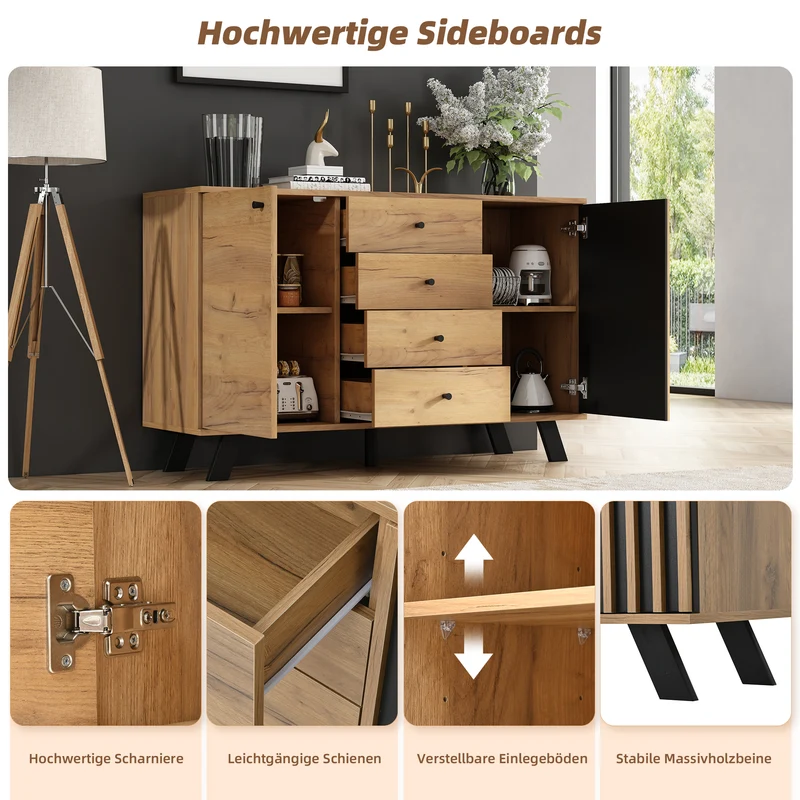 Buffet industriel effet bois naturel et lattes noirs avec 4 tiroirs CORBICUL