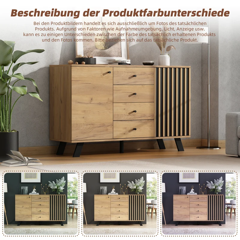 Buffet industriel effet bois naturel et lattes noirs avec 4 tiroirs CORBICUL