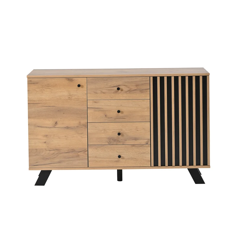 Buffet industriel effet bois naturel et lattes noirs avec 4 tiroirs CORBICUL