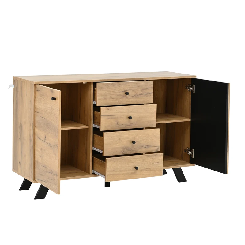 Buffet industriel effet bois naturel et lattes noirs avec 4 tiroirs CORBICUL