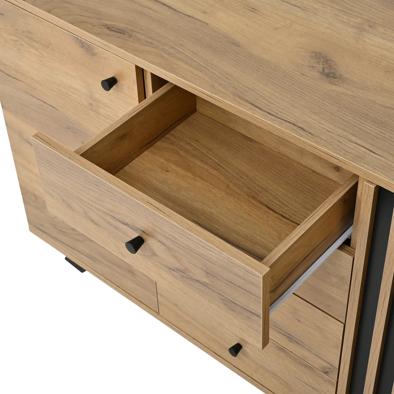 Buffet industriel effet bois naturel et lattes noirs avec 4 tiroirs CORBICUL