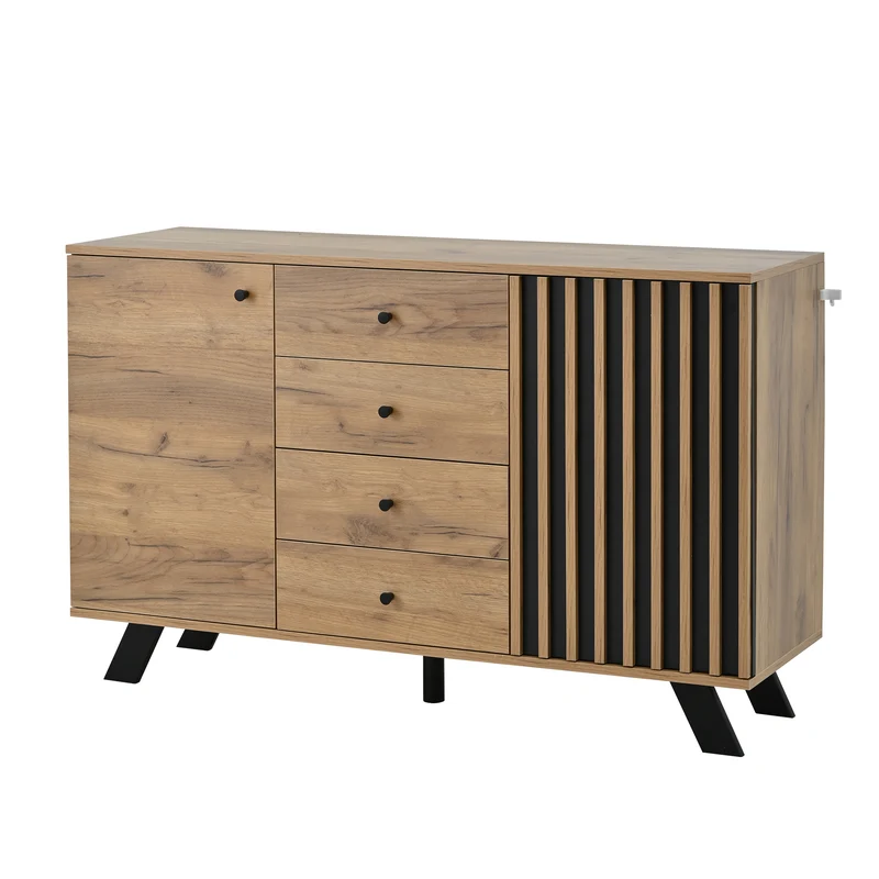 Buffet industriel effet bois naturel et lattes noirs avec 4 tiroirs CORBICUL