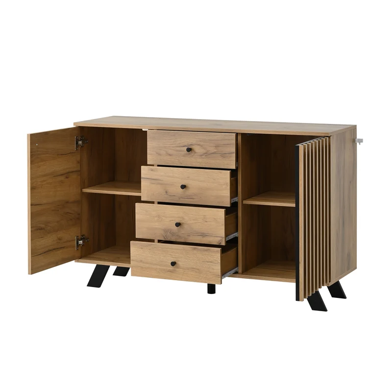 Buffet industriel effet bois naturel et lattes noirs avec 4 tiroirs CORBICUL