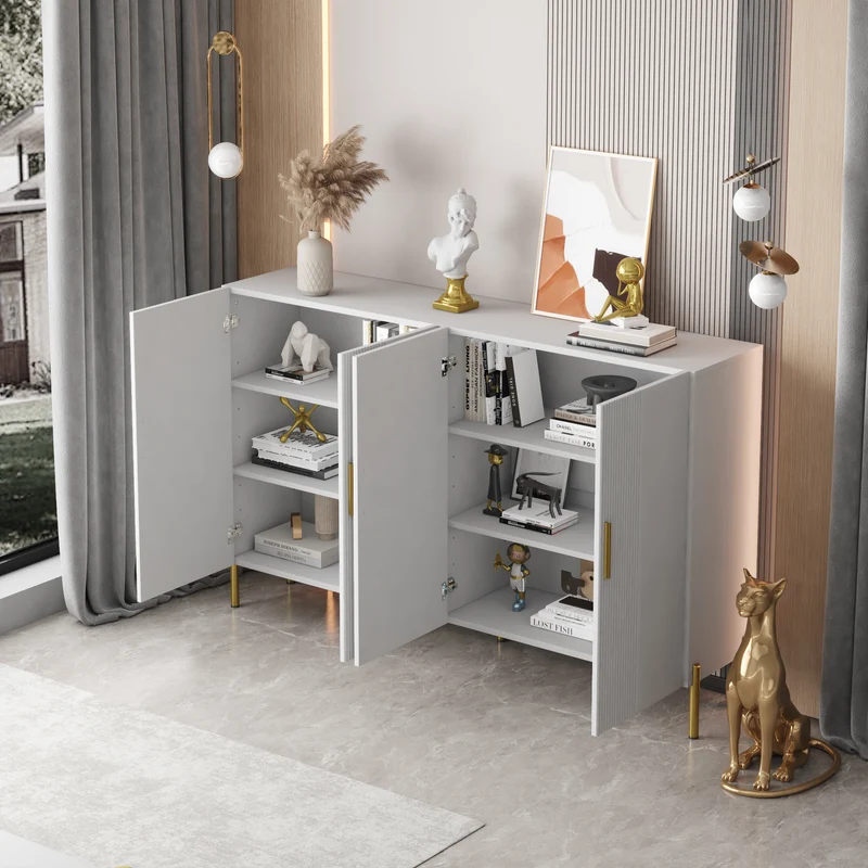 Buffet multifonctionnelle moderne blanc mat 4 portes poignées et pieds dorés 160*35*100 cm KIKS