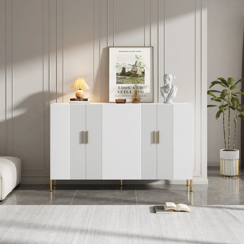 Buffet multifonctionnelle moderne blanc mat 4 portes poignées et pieds dorés 160*35*100 cm KIKS