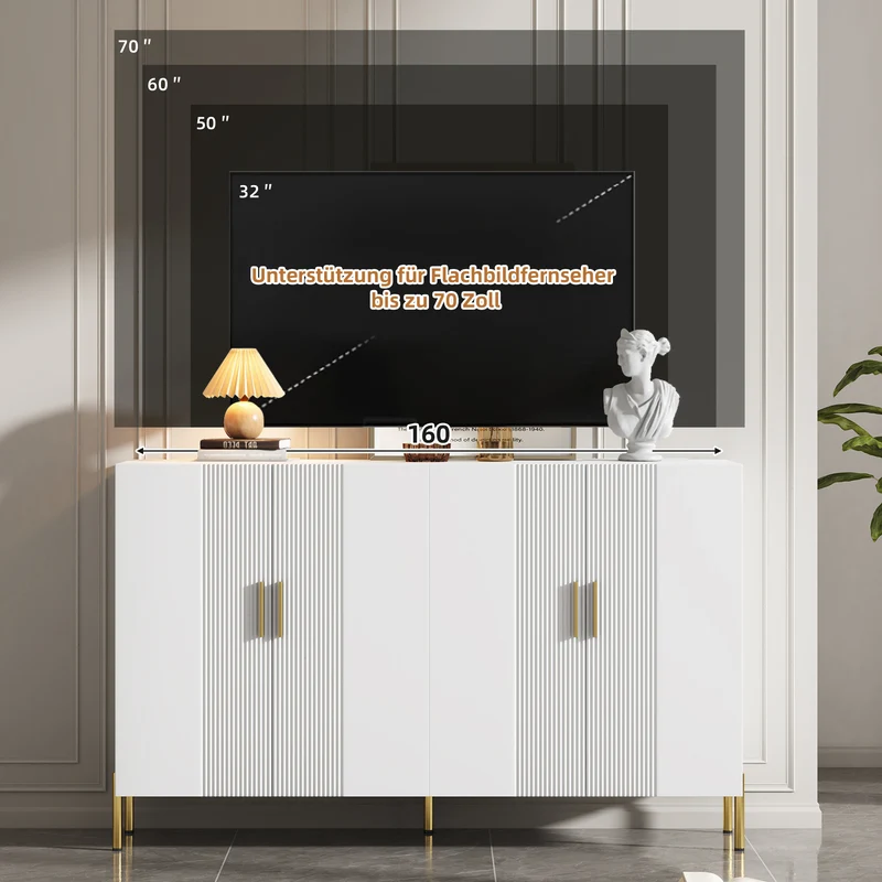 Buffet multifonctionnelle moderne blanc mat 4 portes poignées et pieds dorés 160*35*100 cm KIKS