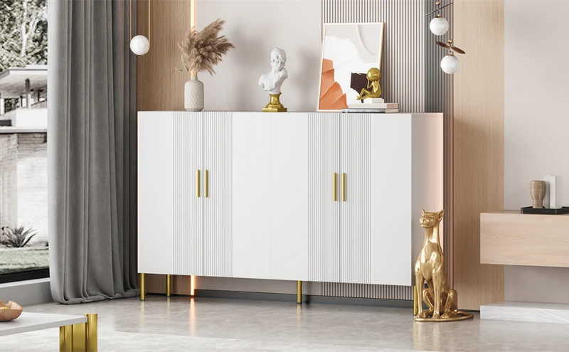 Buffet multifonctionnelle moderne blanc mat 4 portes poignées et pieds dorés 160*35*100 cm KIKS