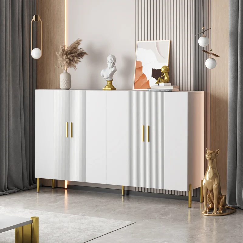 Buffet multifonctionnelle moderne blanc mat 4 portes poignées et pieds dorés 160*35*100 cm KIKS