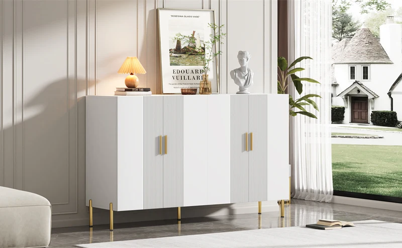 Buffet multifonctionnelle moderne blanc mat 4 portes poignées et pieds dorés 160*35*100 cm KIKS
