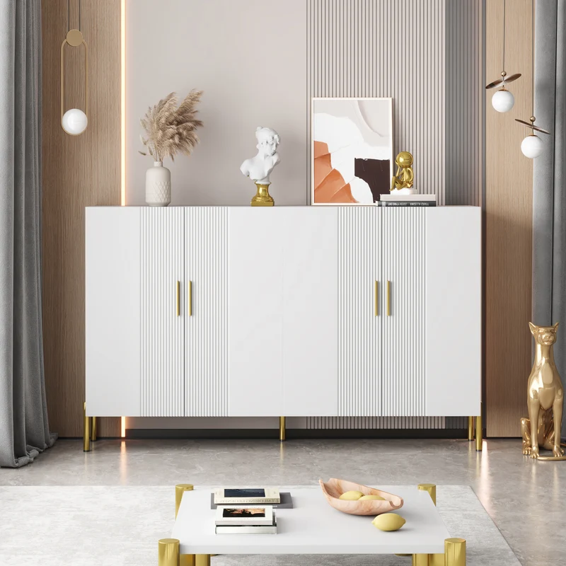Buffet multifonctionnelle moderne blanc mat 4 portes poignées et pieds dorés 160*35*100 cm KIKS