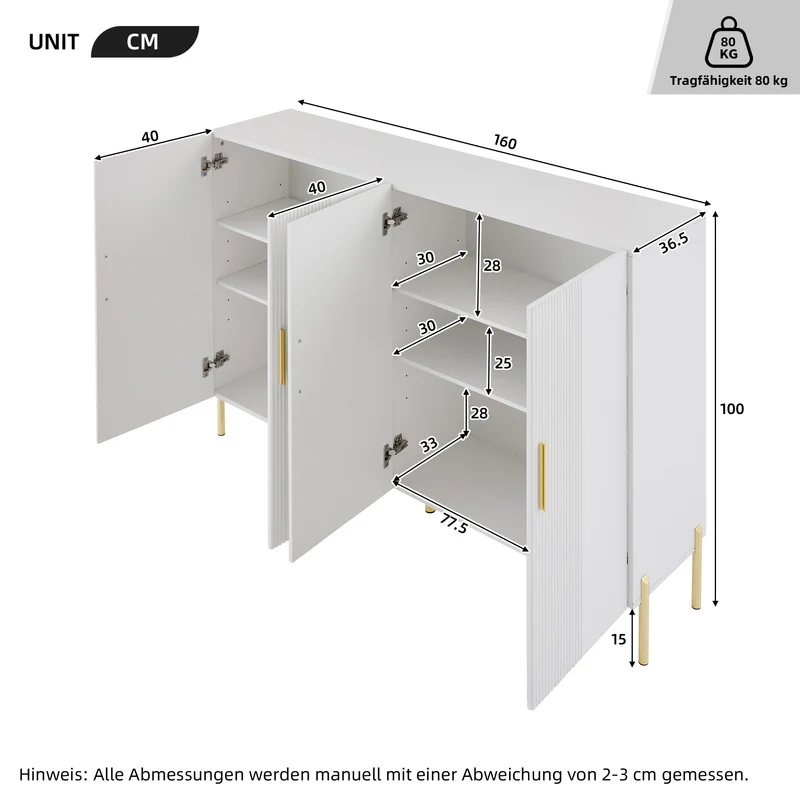 Buffet multifonctionnelle moderne blanc mat 4 portes poignées et pieds dorés 160*35*100 cm KIKS
