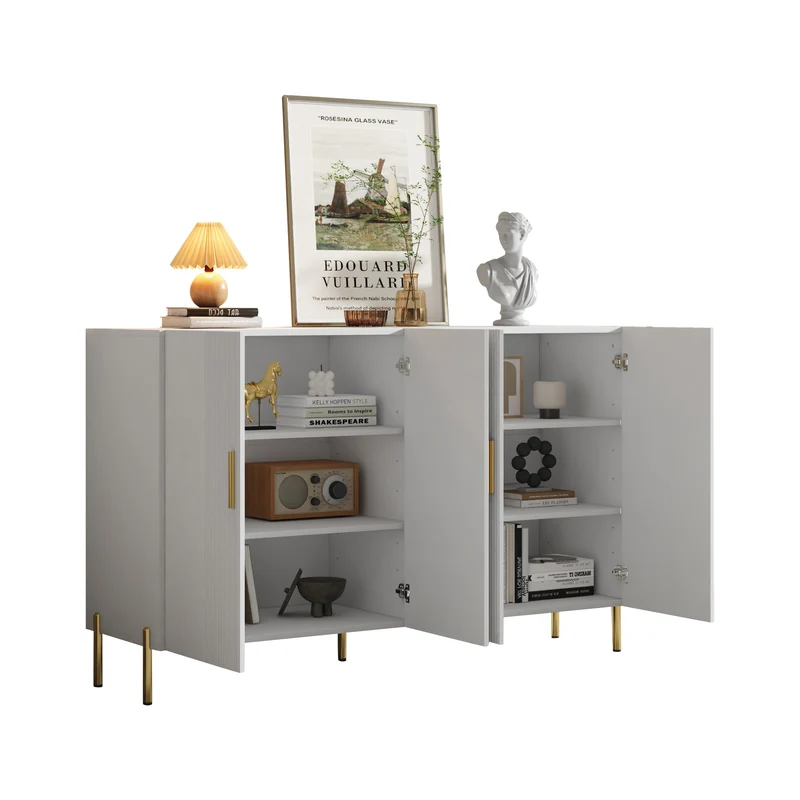 Buffet multifonctionnelle moderne blanc mat 4 portes poignées et pieds dorés 160*35*100 cm KIKS