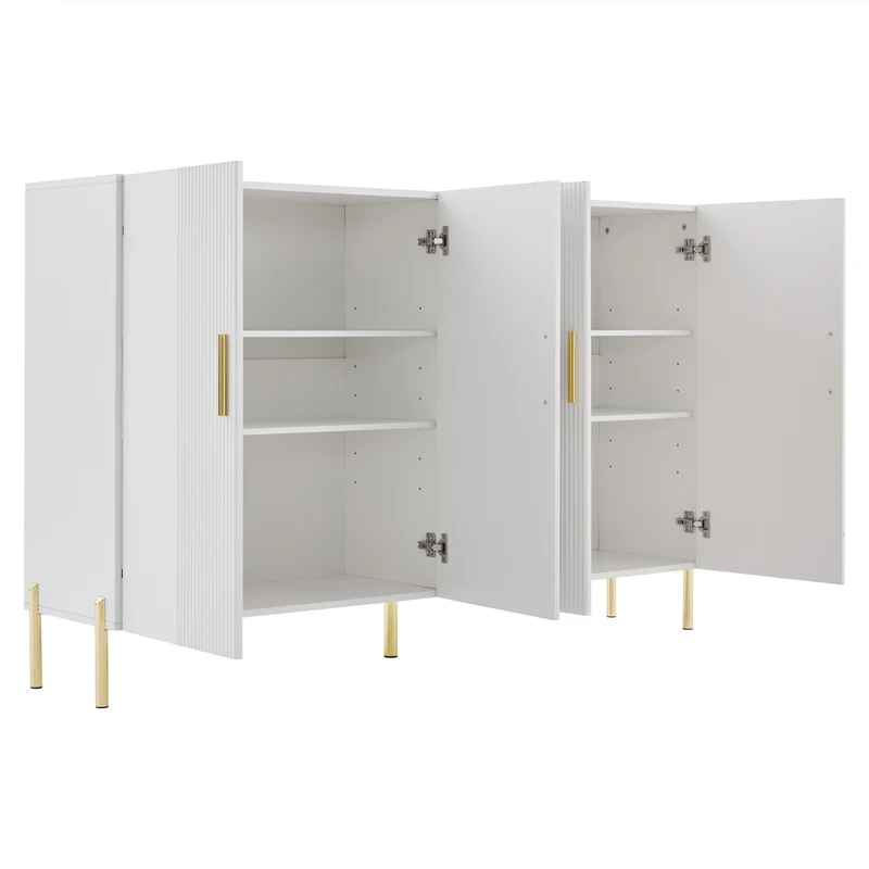 Buffet multifonctionnelle moderne blanc mat 4 portes poignées et pieds dorés 160*35*100 cm KIKS