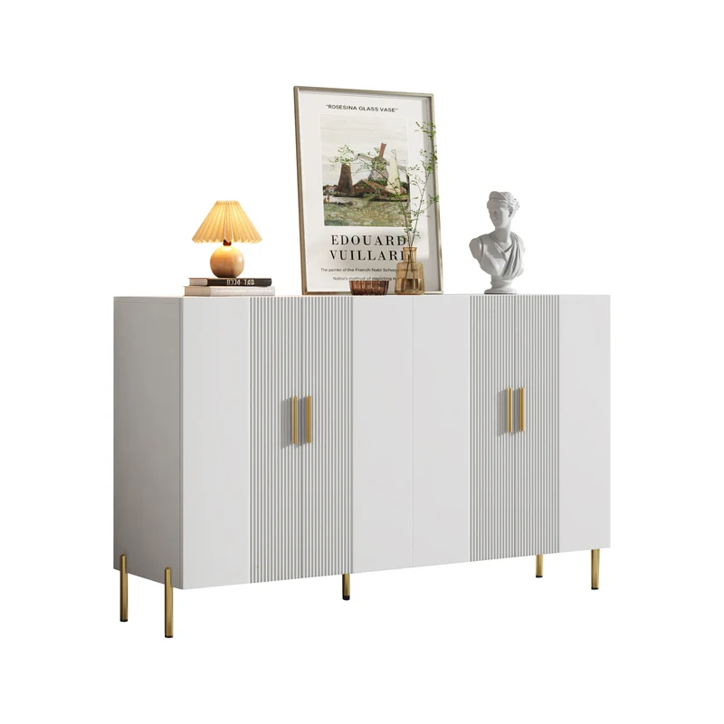 Buffet multifonctionnelle moderne blanc mat 4 portes poignées et pieds dorés 160*35*100 cm KIKS